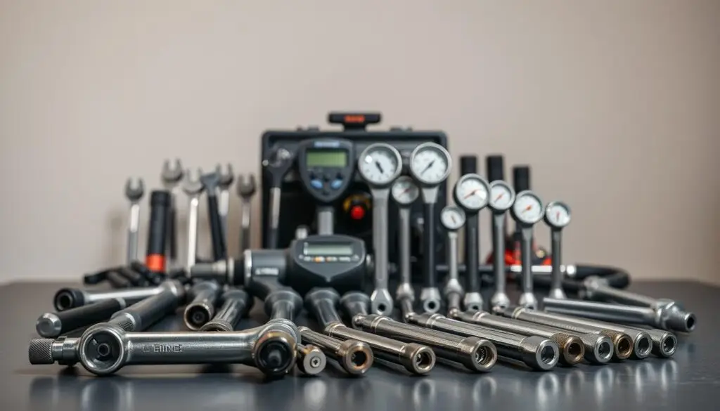 professional diesel mechanic using digital torque wrench on engine assembly