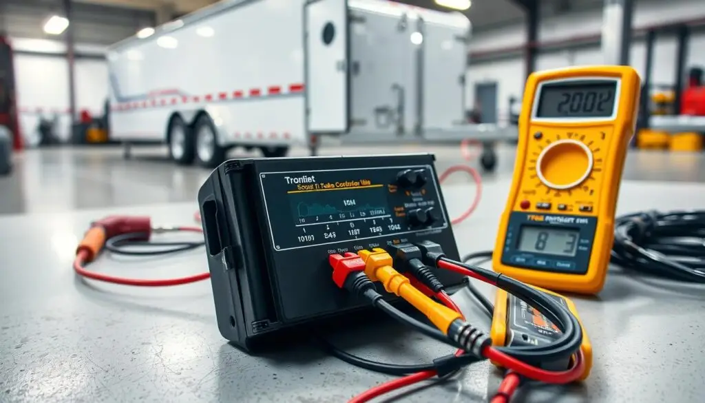 Multimeter testing trailer brake controller electrical connections and voltage output at 7-way connector
