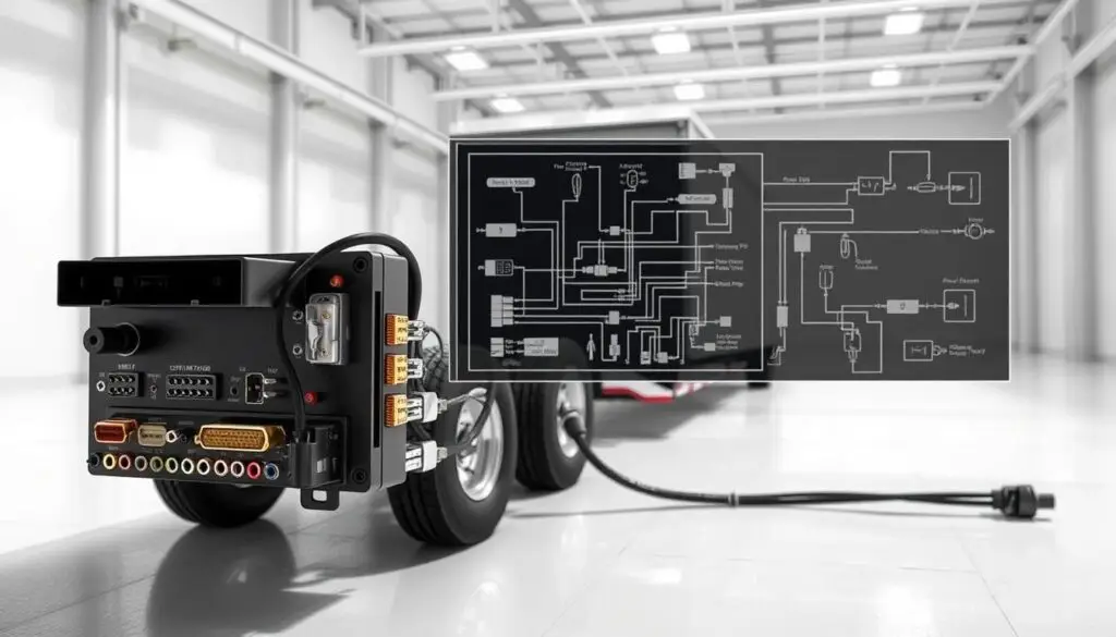 Color-coded gladhand connections and wiring diagram for trailer brake electrical system diagnostics