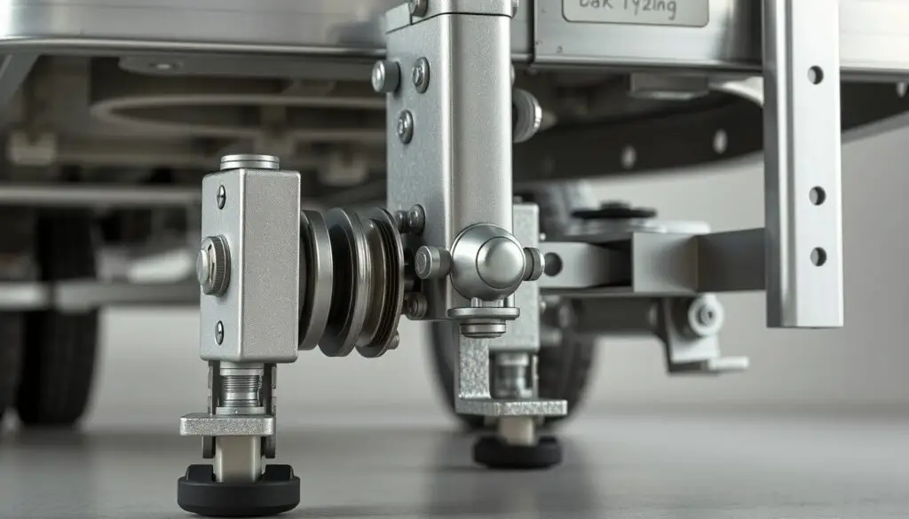 Diagram showing trailer landing gear components including telescoping legs, gearbox, cross shaft, and mounting brackets