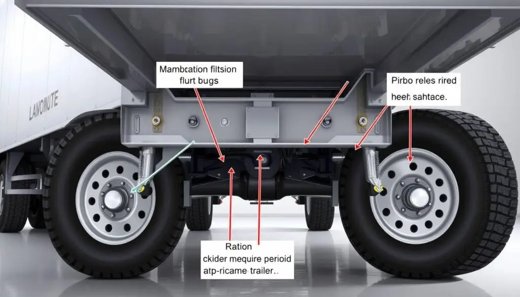 Close-up view of trailer landing gear grease fittings with technician applying lubricant