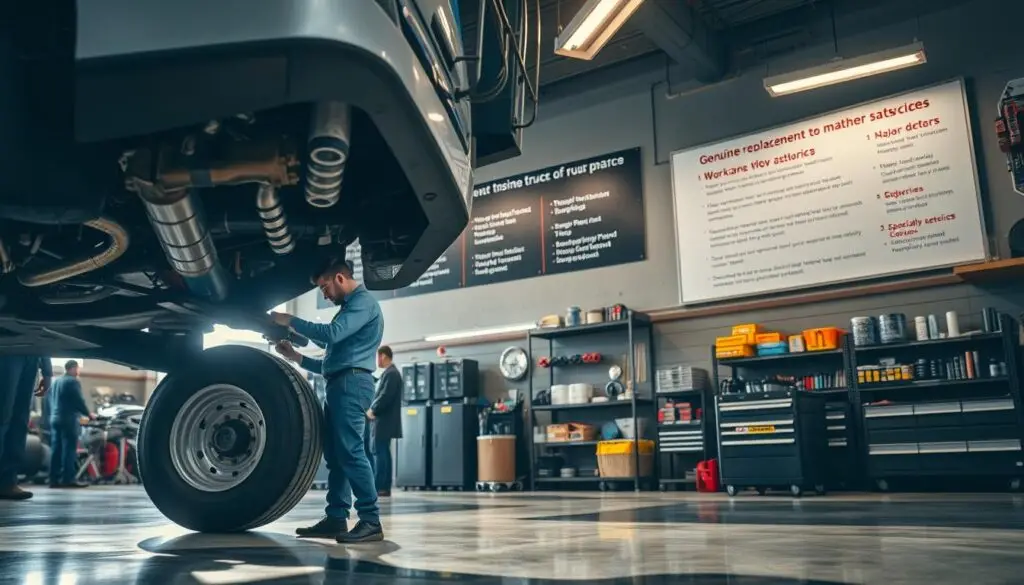 Sales representative meeting with fleet manager at commercial trucking facility