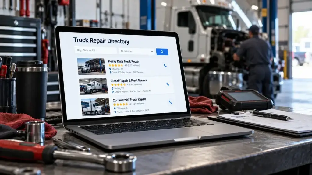 Truck repair directory displayed on a laptop inside a heavy-duty diesel repair shop with a commercial truck and technician in the background.