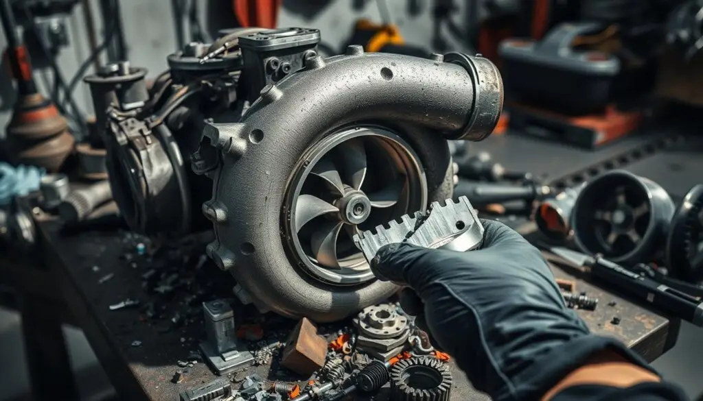 Turbocharger compressor wheel showing impact damage and pitting from foreign object debris