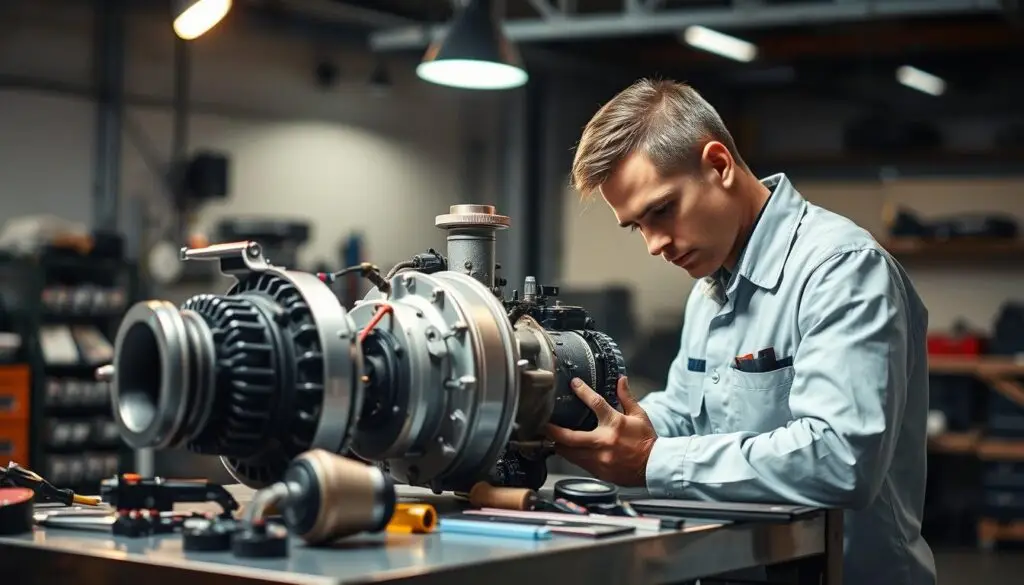 Diesel technician performing visual inspection of turbocharger components for failure analysis