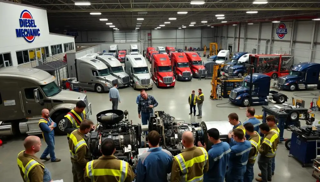 Shop owner meeting with vocational school diesel program instructors to build hiring partnerships