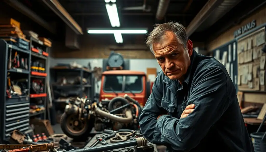 warning signs of technician stress including fatigue and physical symptoms in diesel shop environment