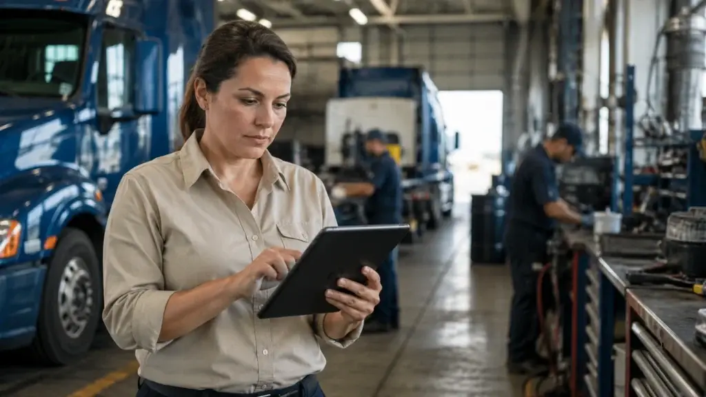 Woman fleet manager using a tablet while overseeing commercial trucks and maintenance operations in a heavy-duty fleet facility.