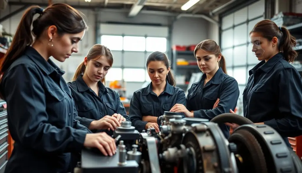 Women diesel mechanics working confidently in professional shop environment
