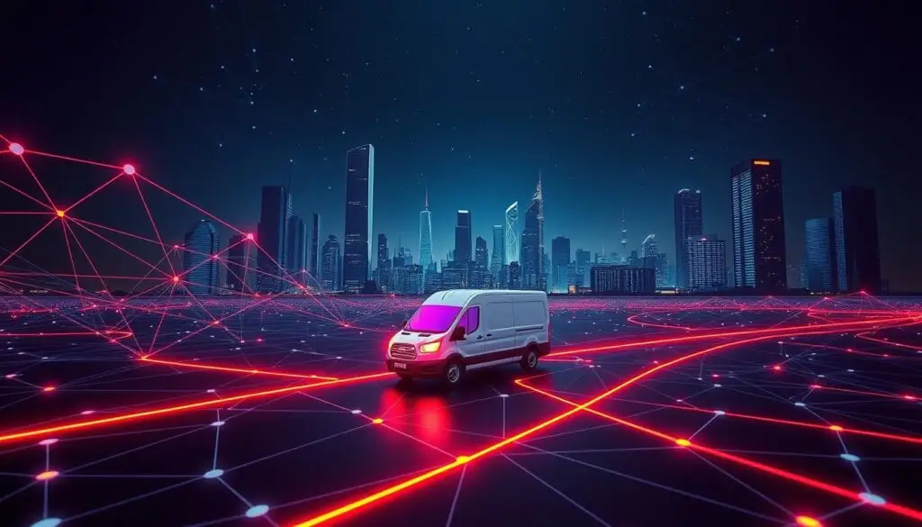 AI route optimization system processing real-time fleet data for intelligent pathfinding