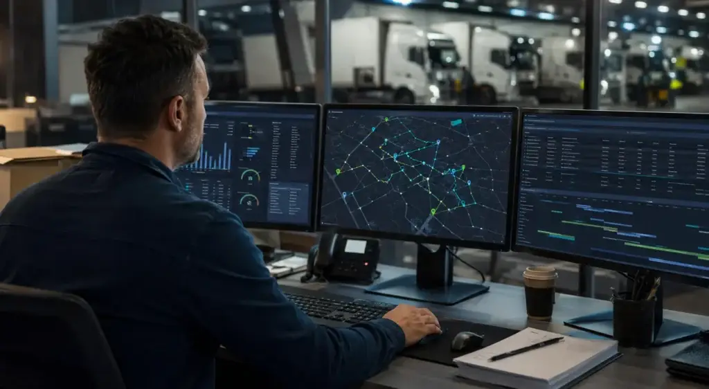 Fleet manager using AI route optimization software to analyze commercial truck routes and improve delivery efficiency