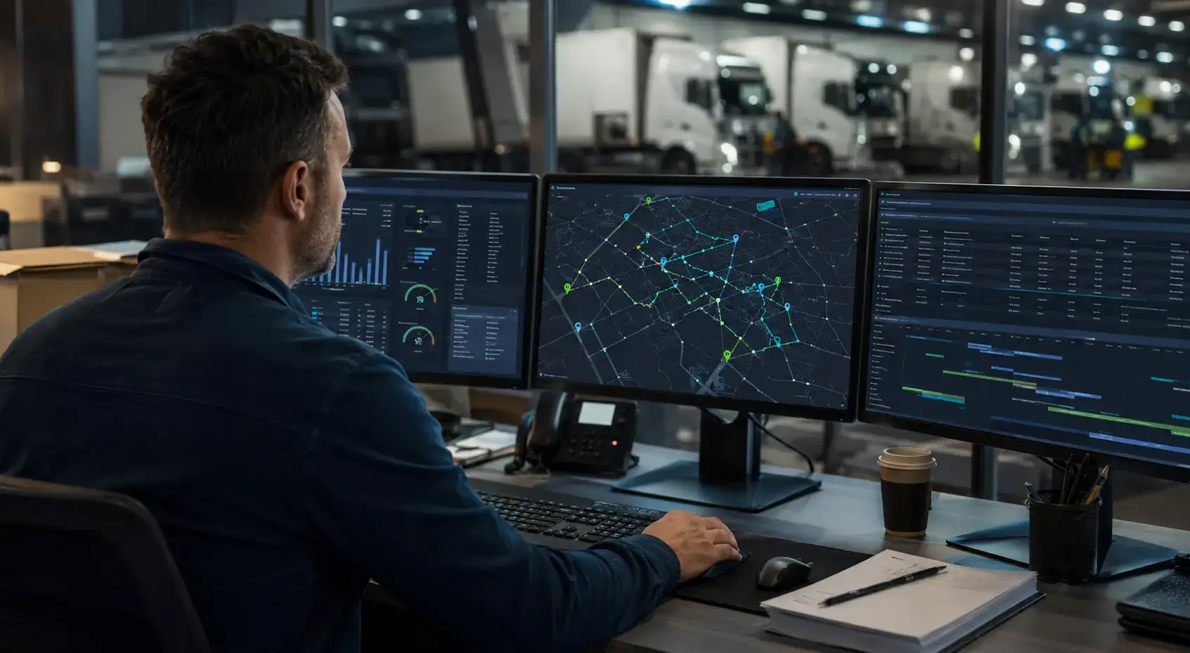 Fleet manager using AI route optimization software to analyze commercial truck routes and improve delivery efficiency
