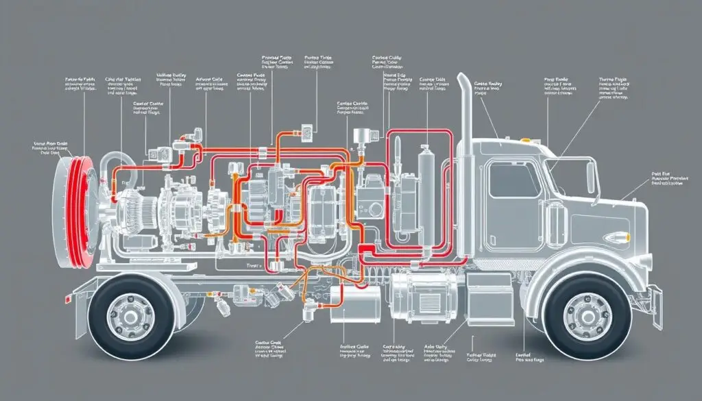 Detailed diagram of air brake components including compressor, reservoirs, and brake chambers