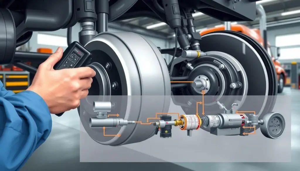 Technician using soap solution to detect air leaks in brake system fittings