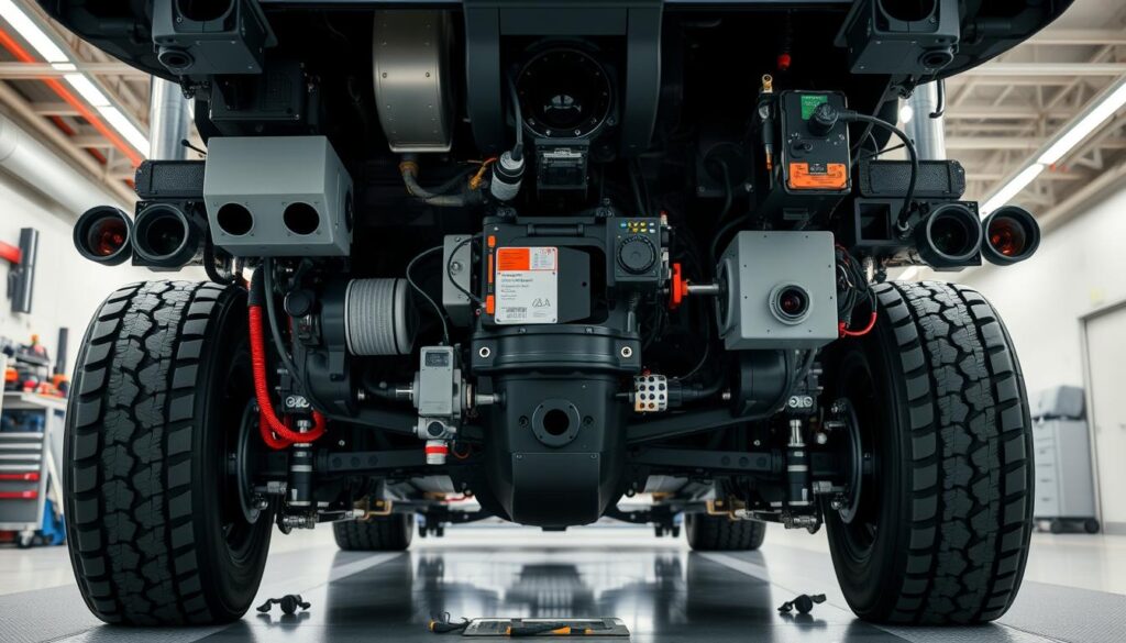 Maintenance technician calibrating precision lidar sensors on autonomous truck in service bay