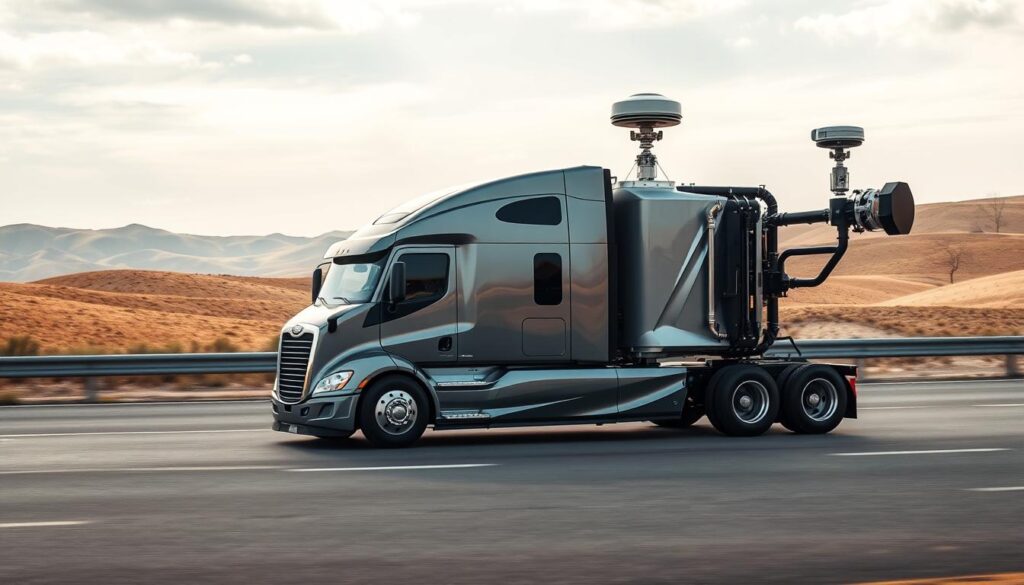Close-up of lidar, radar, and camera sensors mounted on Class 8 autonomous commercial truck