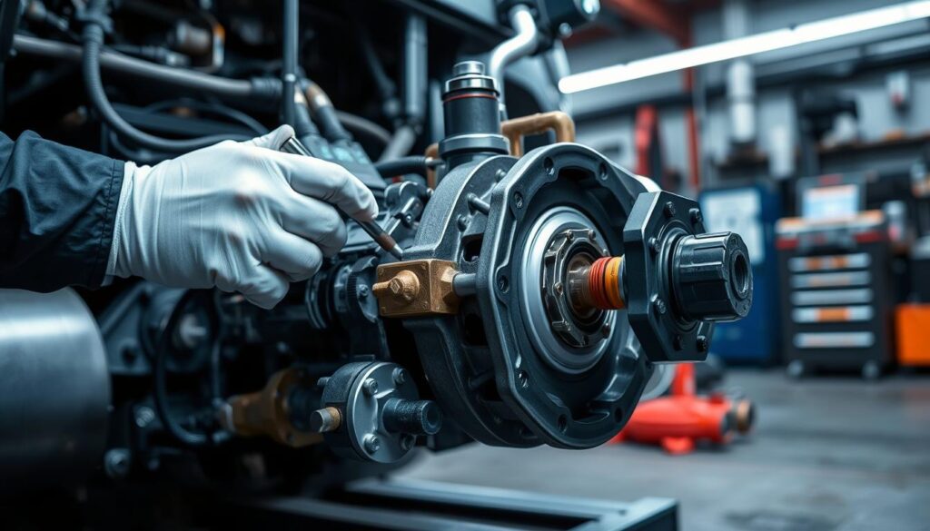 Close-up of technician testing foot valve operation with pressure gauge