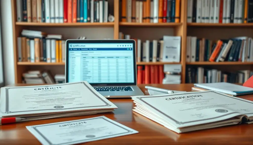 Equipment operator reviewing certification documents and renewal requirements for continued compliance