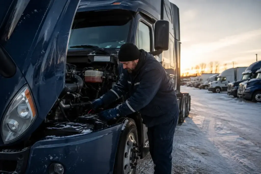 Diesel technician performing cold-weather winterization maintenance on a commercial semi-truck in a snow-covered fleet yard