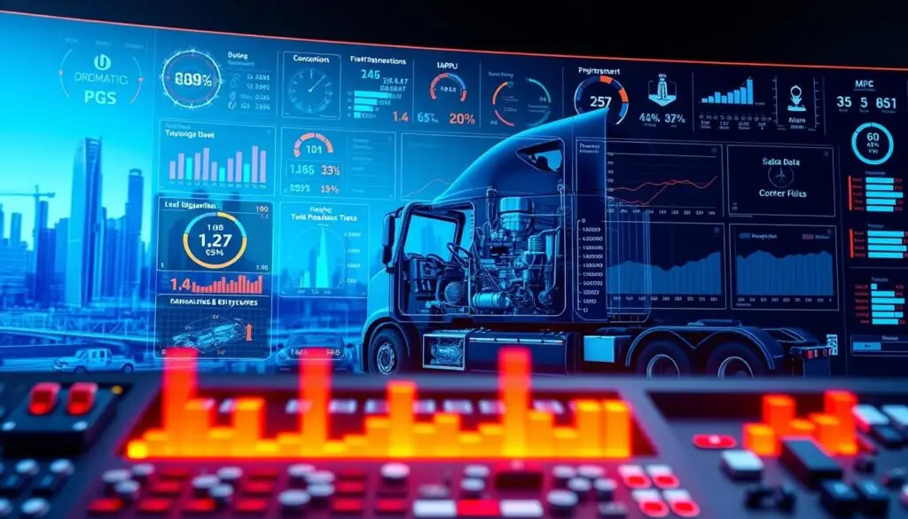 Commercial truck dashboard displaying diagnostic fault codes while technician reviews telematics data on tablet