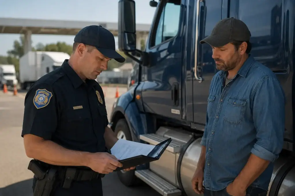 Commercial truck driver undergoing a roadside DOT compliance inspection with an officer reviewing vehicle and driver documentation