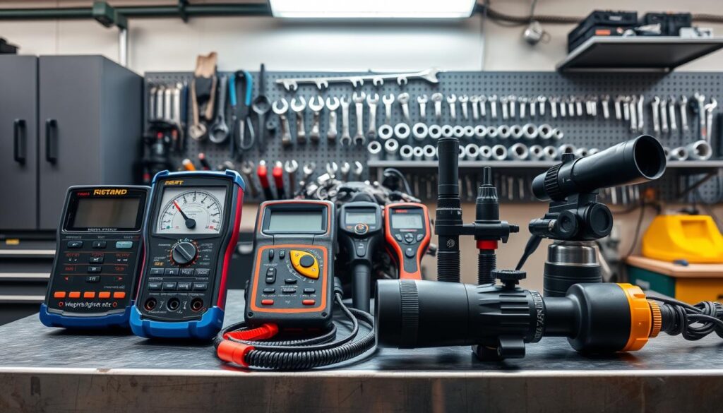 Professional diesel diagnostic tools including OBD scanner and compression tester