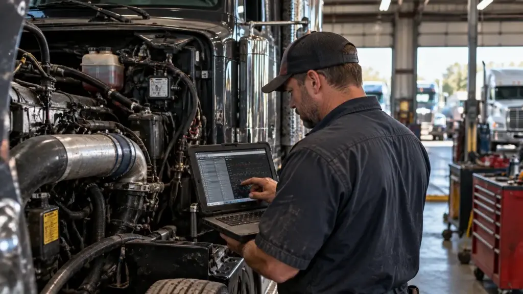 Diesel technician using a professional diagnostic scan tool to troubleshoot engine fault codes on a heavy-duty semi truck.
