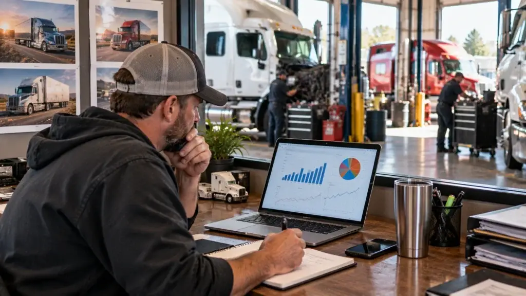 Diesel shop owner reviewing paid advertising performance and marketing ROI while technicians service heavy-duty trucks