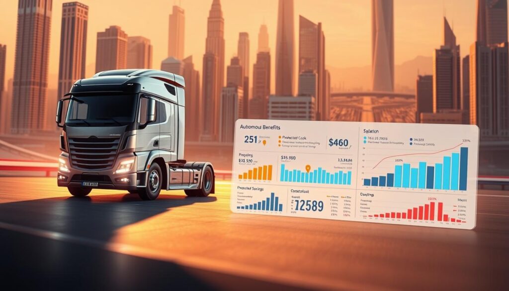 Financial dashboard displaying autonomous truck ROI metrics, cost savings, and productivity gains