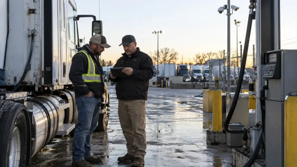 Fleet manager and truck driver reviewing fueling records beside a semi-truck at a secured commercial fueling yard with pumps, surveillance cameras, and parked tractors in the background.