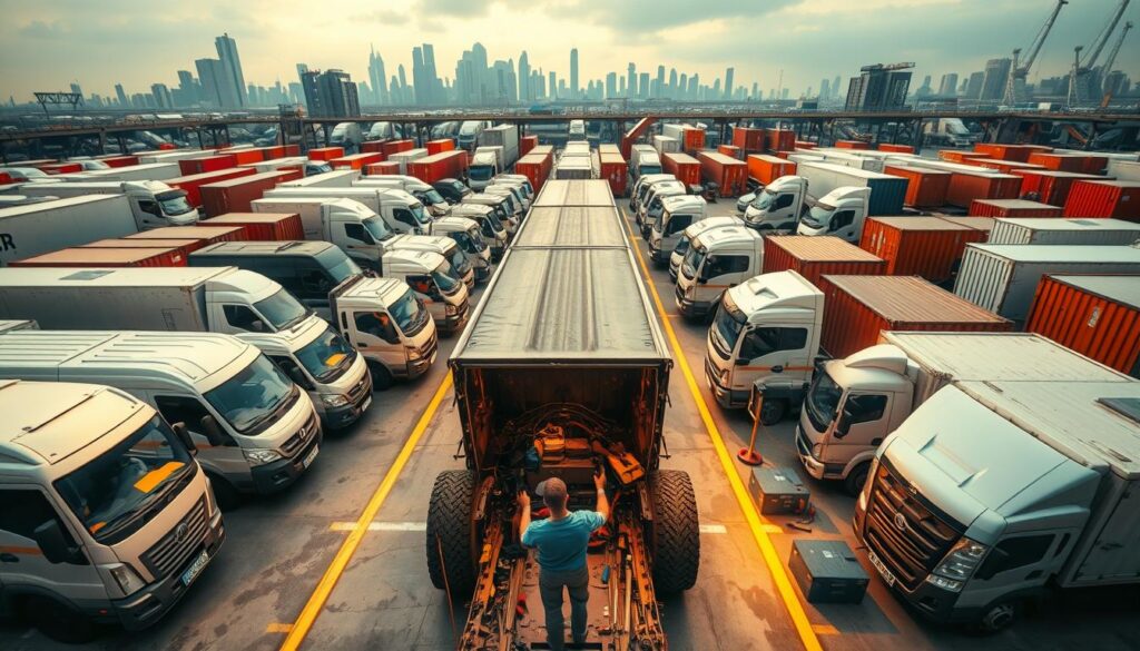 Commercial truck fleet maintenance facility with multiple service bays and diesel technicians performing repairs