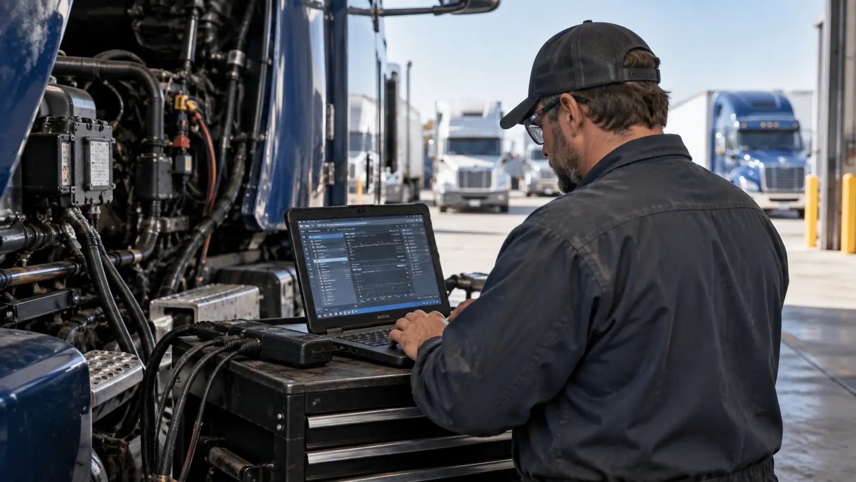 Independent diesel technician using diagnostic software to access telematics data on a heavy-duty commercial truck.