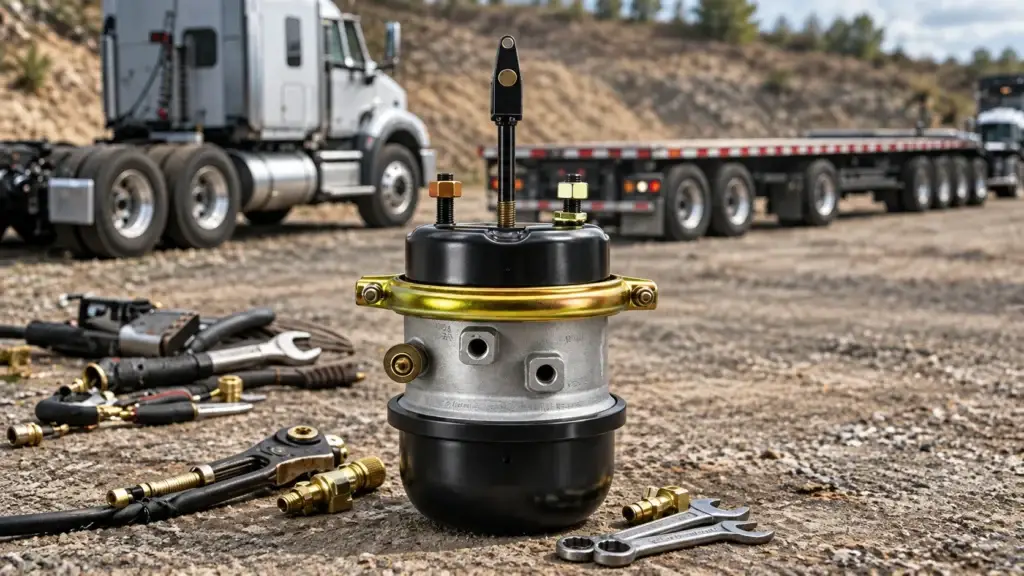 Heavy-duty truck air brake chamber with service tools in a commercial truck maintenance setting