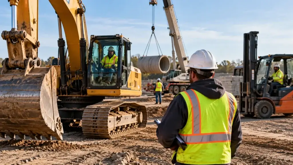 Heavy equipment operators working with an excavator, crane, and forklift on an active construction site while a supervisor monitors operations and operator qualification.