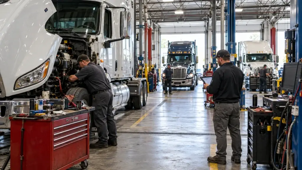 Heavy-duty truck repair shop with multiple Class 8 trucks in active service bays while technicians and a shop manager coordinate repairs and bay assignments.