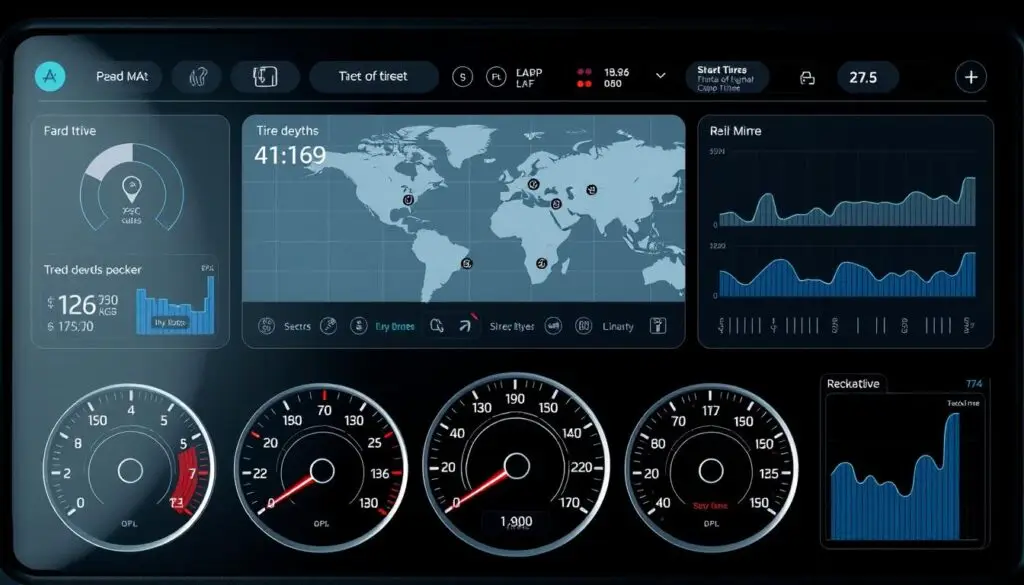 Modern tire management software interface showing real-time fleet tracking metrics and analytics