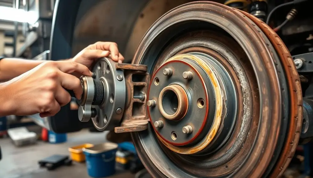 Technician measuring brake chamber pushrod stroke for proper adjustment