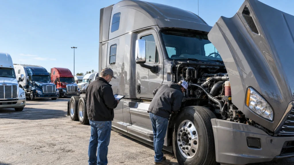 Technicians performing a pre-purchase inspection on a used semi truck in a commercial truck yard.