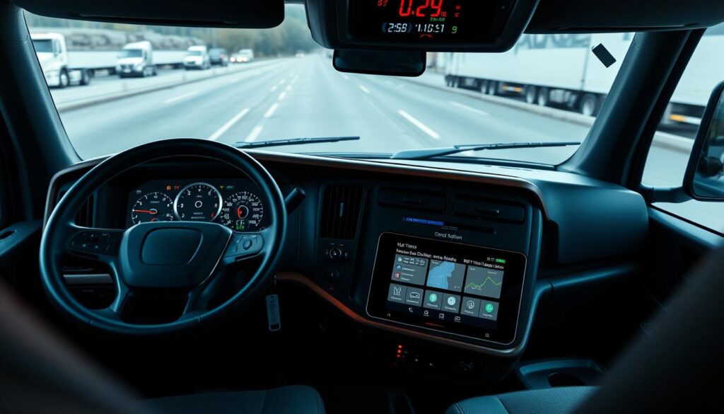 Heavy-duty truck dashboard displaying GPS navigation, diagnostic data, and telematics information screens