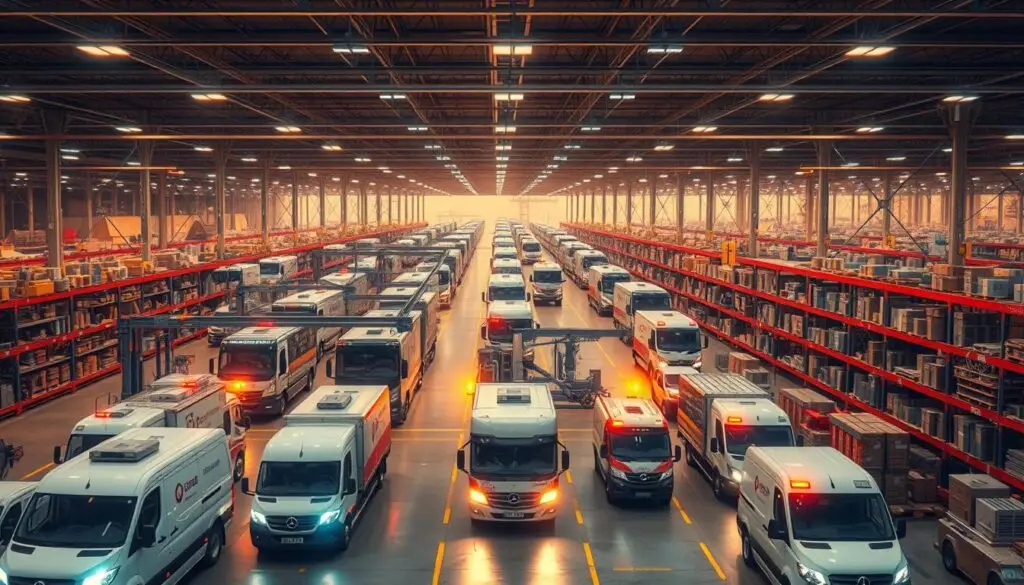 Distribution warehouse interior showing strategic 24/7 parts network infrastructure for emergency fleet support