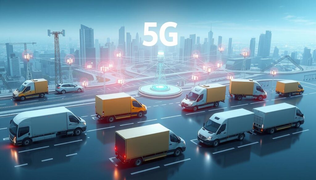 5G network architecture diagram showing connectivity components for commercial fleet vehicles including base stations and telematics
