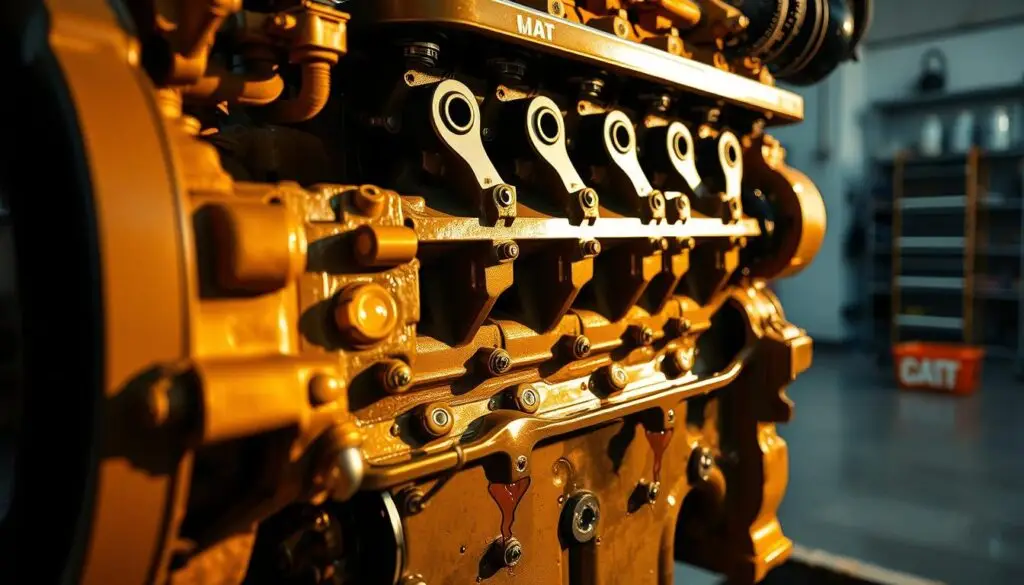 Caterpillar C15 engine block during oil leak inspection showing common leak points
