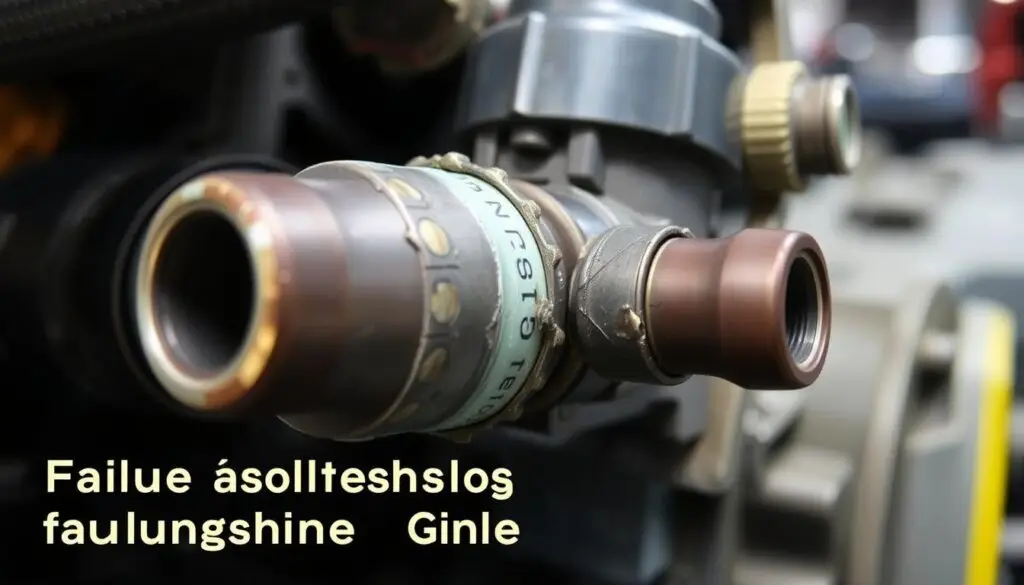 Close-up of worn C15 fuel injector with visible wear patterns on nozzle and solenoid components