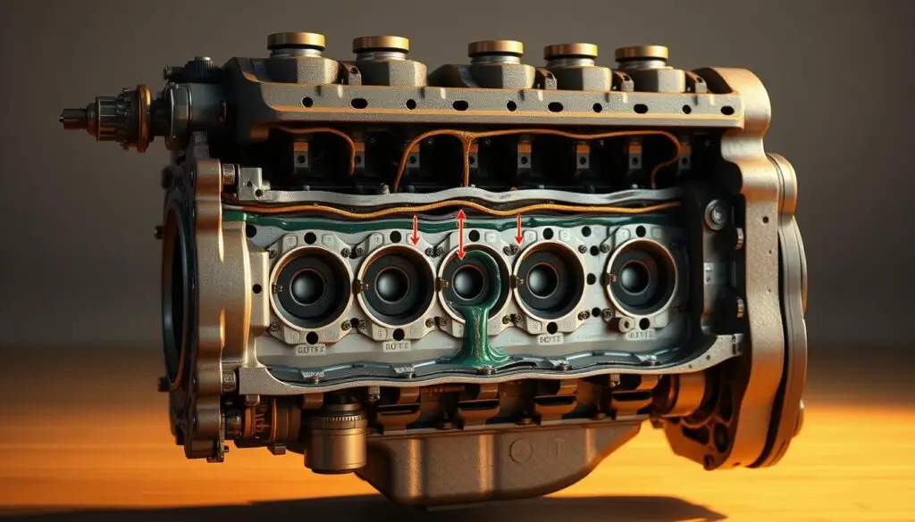 Cross-section of C15 cylinder head showing head gasket failure indicators and leak paths