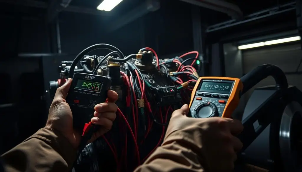 Technician testing C15 engine sensor array with multimeter in industrial workshop