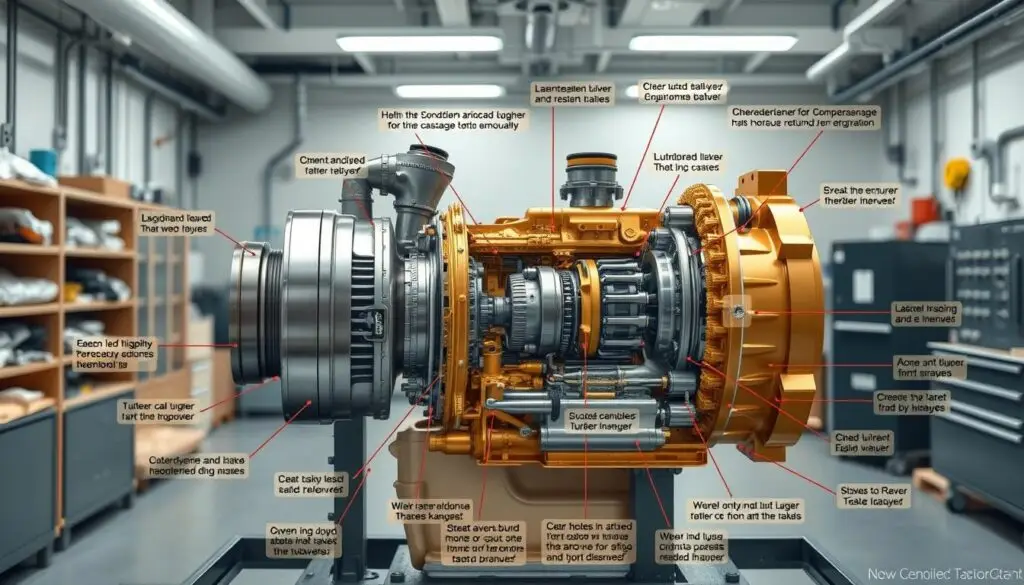 Cross-section of Caterpillar C15 turbocharger showing turbine, compressor, and bearing assembly
