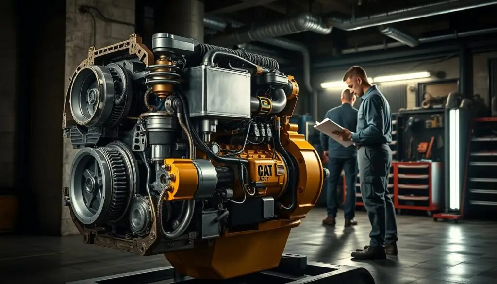 Technician examining C15 cooling system components including water pump, thermostat, and radiator