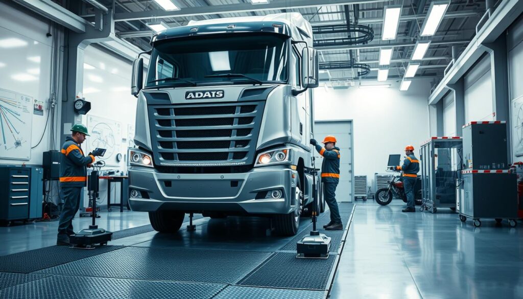 Technician performing pre-calibration vehicle inspection on commercial truck