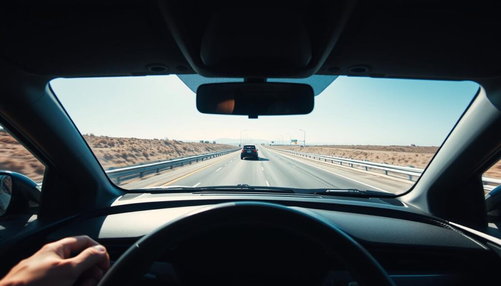 Forward-facing camera view showing collision warning overlay detecting vehicle ahead