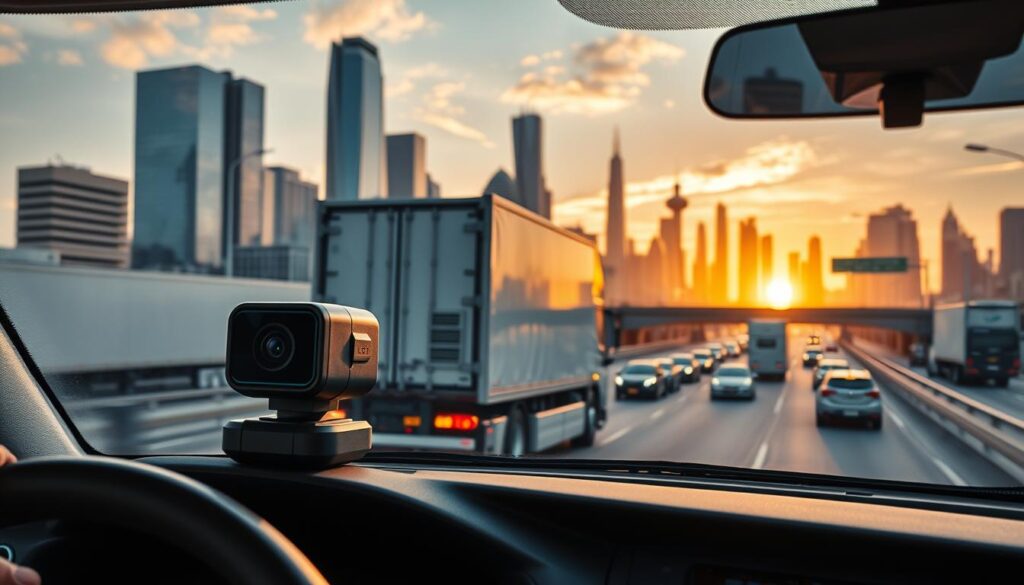 Split screen showing accident scene and corresponding dashboard video evidence for liability documentation